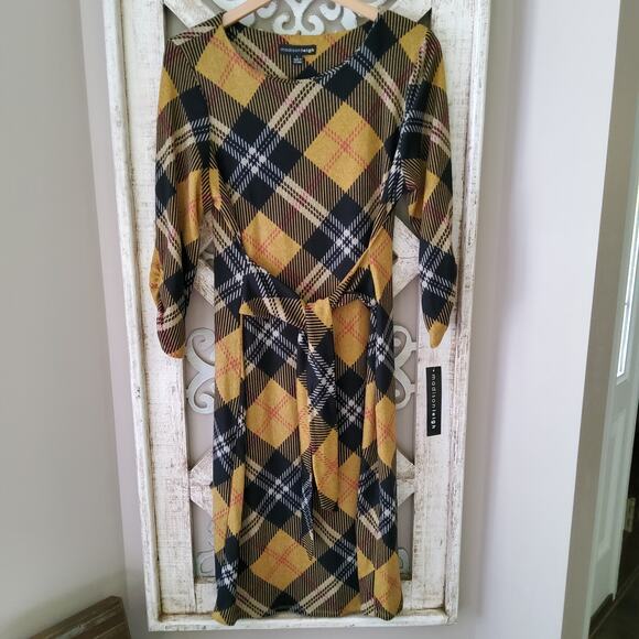 Madison Leigh 3/4 Gathered Sleeve Sash Tie Waist Belt Removable Cowl Neck Dress - Picture 7 of 9